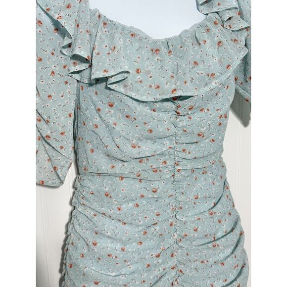 ASTR The Label Womens Ditsy Floral Ruffle Neck Ruched Mini Dress Teal Blue Small - Picture 3 of 11